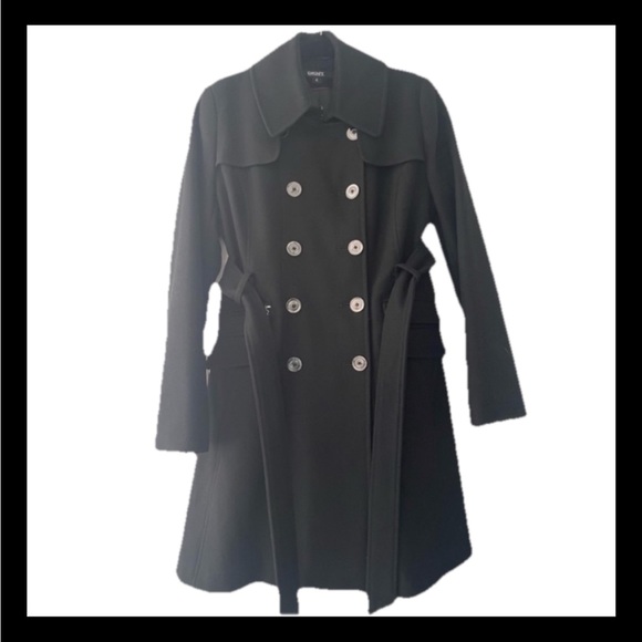Dkny Jackets & Blazers - DKNY Black Double Breasted Tie Belt Collared A-Line Wool Peacoat
